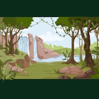 a jungle scene with a waterfall and trees