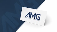 an amg logo on a blue and white background