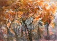 a watercolor painting of trees in autumn