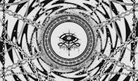 a black and white image of an eye with chains around it