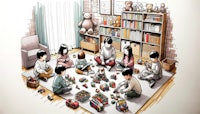 a drawing of a group of children playing with toys
