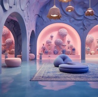 a blue and pink room with a lot of furniture
