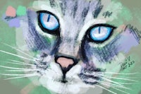 a painting of a cat with blue eyes