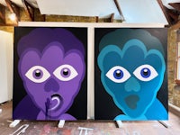 two paintings with blue and purple faces on them