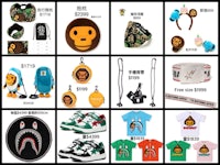 a bathing ape t - shirts, hats, and other items