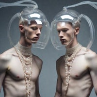 two men wearing plastic helmets and pearl necklaces