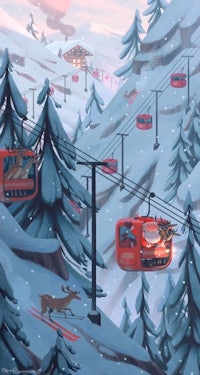 a painting of a ski lift with a deer on it