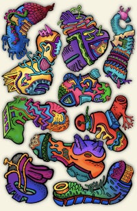 a set of colorful shoes with different designs on them