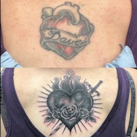 a woman with a tattoo of a heart and a sword