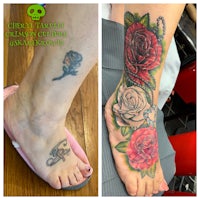 two pictures of a woman with a tattoo on her foot