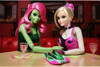 two barbie dolls sitting at a table