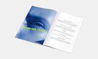 a brochure with a blue background and a picture of a woman's face