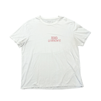 a white t - shirt with red letters on it