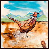 a painting of a pheasant with mountains in the background