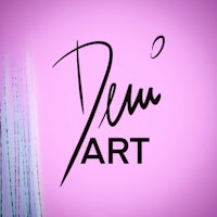 deni art logo on a pink background