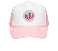 a pink trucker hat with the jb logo on it