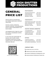 high shutter productions general price list