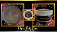 a jar of organic body butter with a gold background