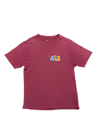a burgundy t - shirt with a colorful logo on it