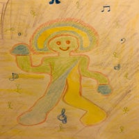 a drawing of a man with a hat and music notes