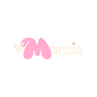 a pink dog with the name marcie on a black background