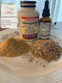 a plate with ingredients for ashwagandha oil
