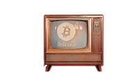 an old tv with the word bitcoin on it