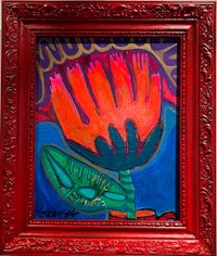 a painting of an orange flower in a red frame