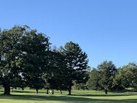a golf course with trees and a blue sky