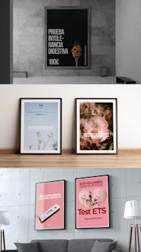 a collection of framed posters on a wall