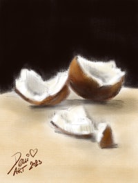 a drawing of a coconut on a table