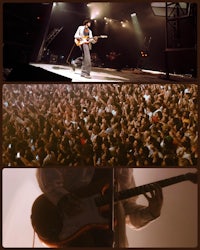 a collage of pictures of a man playing guitar in front of a crowd