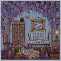 a drawing of a living room with purple flowers