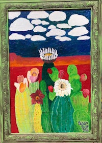 a painting of cactus and flowers in a green frame