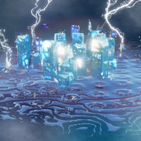a picture of a city with lightning in the sky