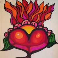 a drawing of a heart with flames on it