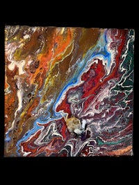 an abstract painting with red, orange, and yellow colors