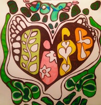 a drawing of a heart with flowers and leaves on it
