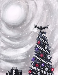 a painting of a christmas tree with skulls and presents