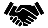 a black handshake icon on a white background