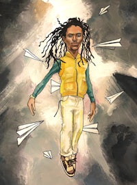 a drawing of a man with dreadlocks flying in the air