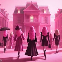 a group of women with pink hair in front of a pink house