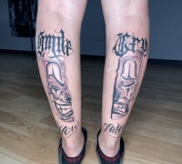 a woman's legs with two tattoos on them