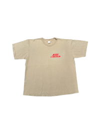 a beige t - shirt with a red logo on it