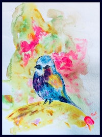 a watercolor painting of a bird sitting on a rock