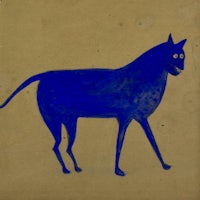 a drawing of a blue cat on brown paper