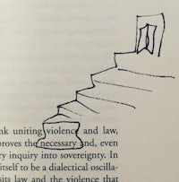 an open book with a drawing of a staircase