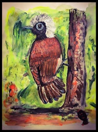 a watercolor painting of a bird perched on a tree