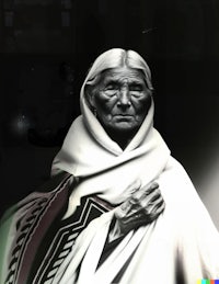 a black and white image of a woman in a white robe