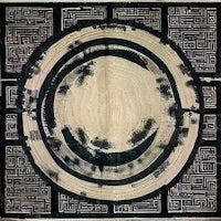 a black and white painting with a circular design